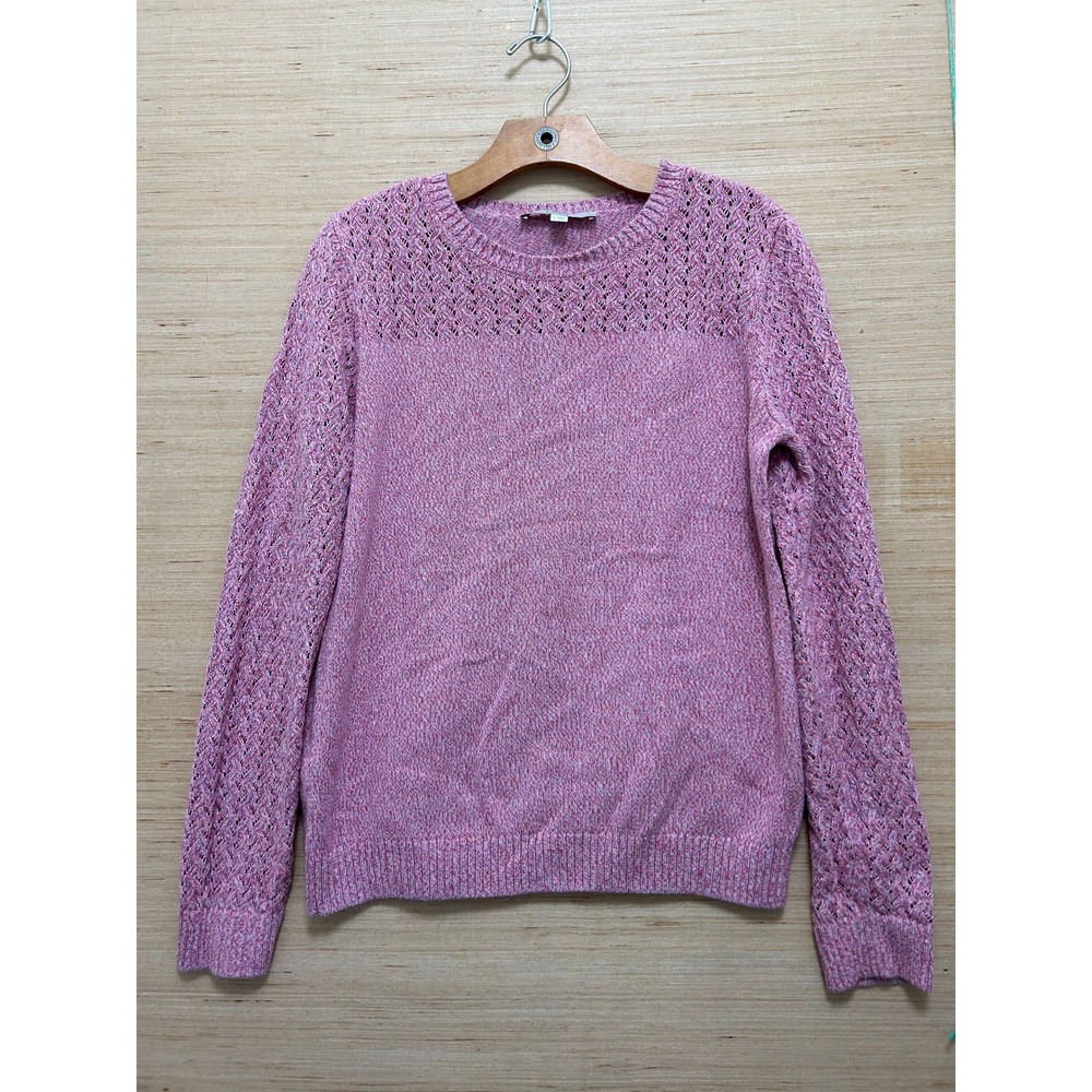 LOFT Womens Marled Pink Pointelle Open Knit Yoke Crew Neck Sweater Large